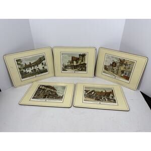 Set Of 5 Pimpernel Cork Backed Placemats Vintage Old English Inns Orig Box 9x12"
